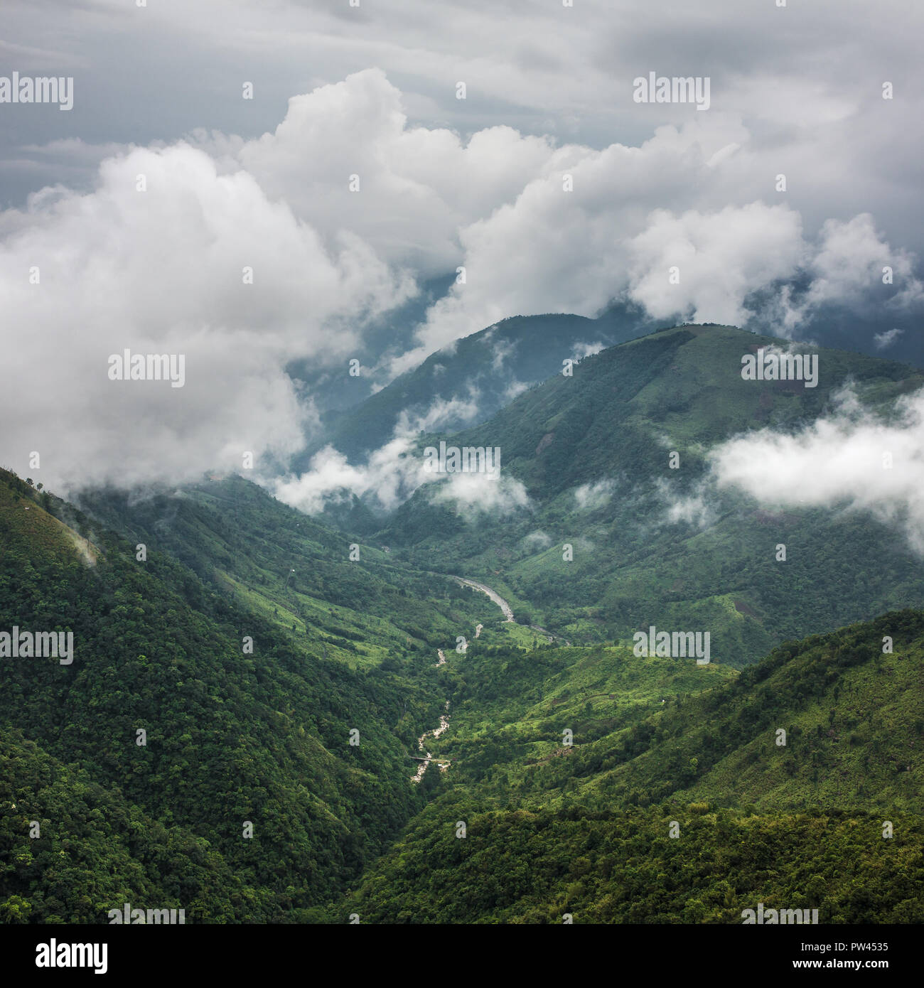 Fiume scorre lungo una profonda valle del Khasi Hills vicino a Shillong, Meghalaya, India. Foto Stock