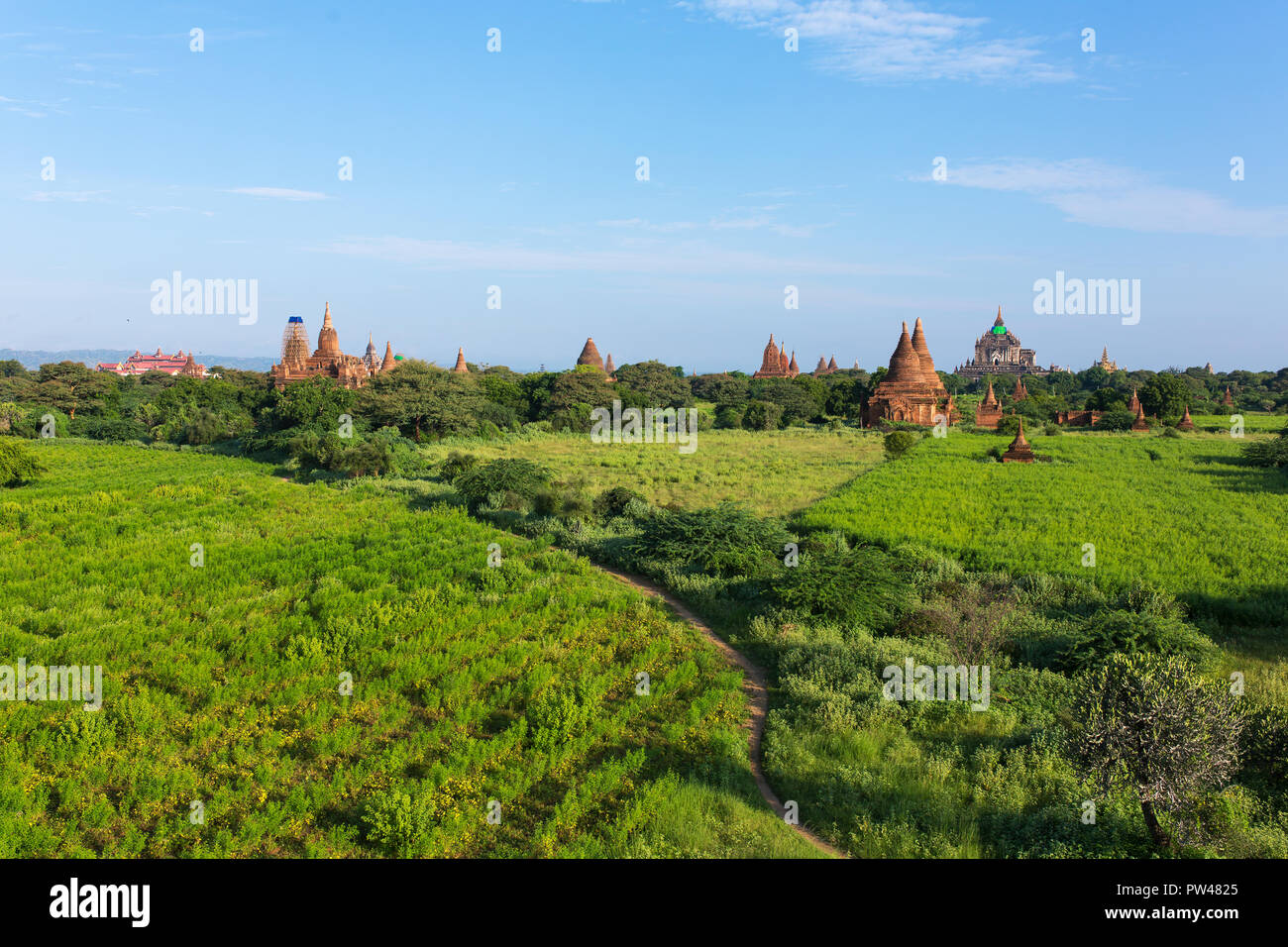 Antiche pagode di Bagan durante il Sunrise, Myanmar Foto Stock