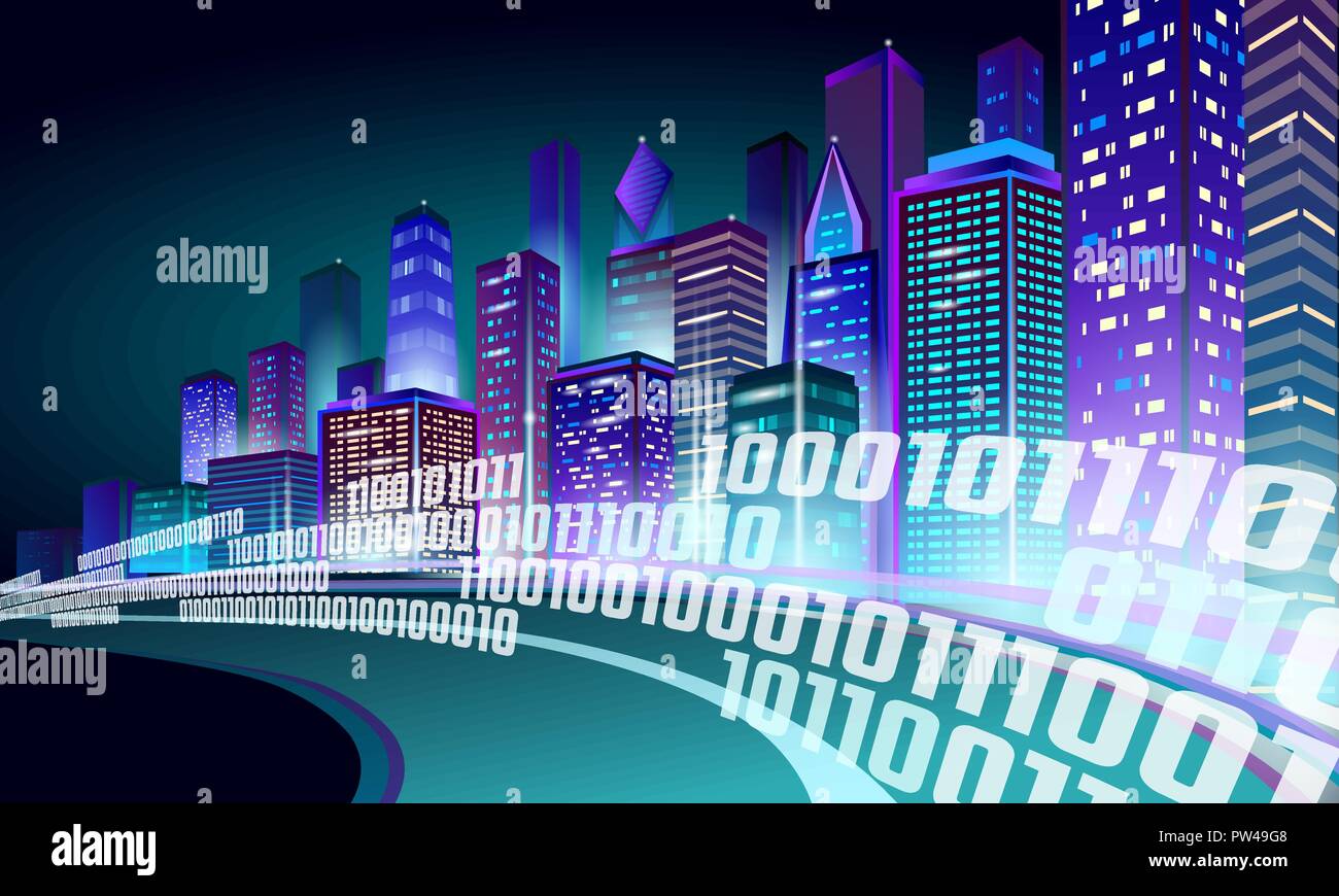 Smart city 3D neon incandescente cityscape. Edificio Intelligente tracciato autostradale notte futuristico concetto di business. Web online colori vividi cyberpunk retrowave. Tecnologia urbano banner illustrazione vettoriale Illustrazione Vettoriale