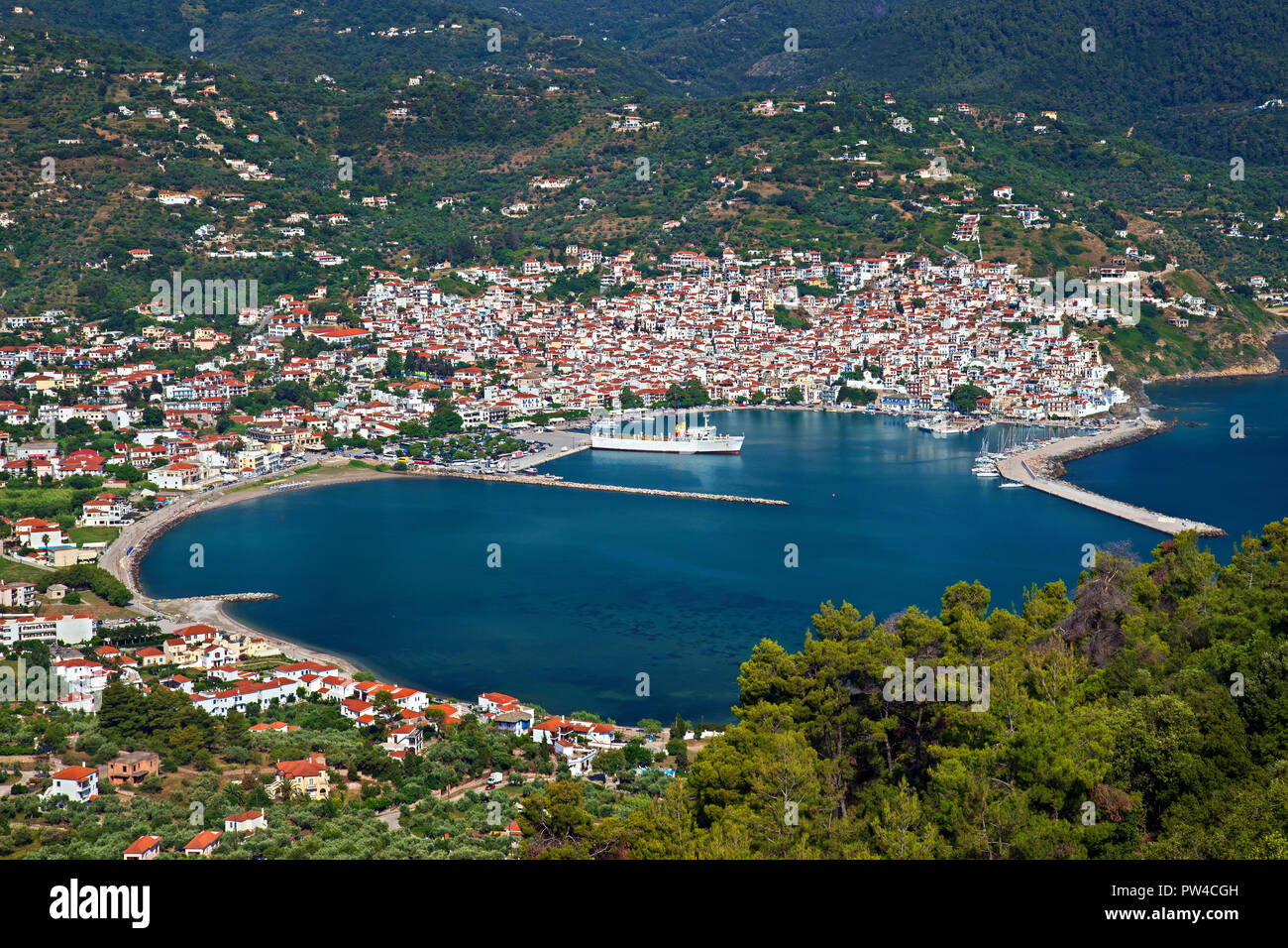 Città di Skopelos, Skopelos island, Sporadi settentrionali, Magnessia, Tessaglia, Grecia. Foto Stock