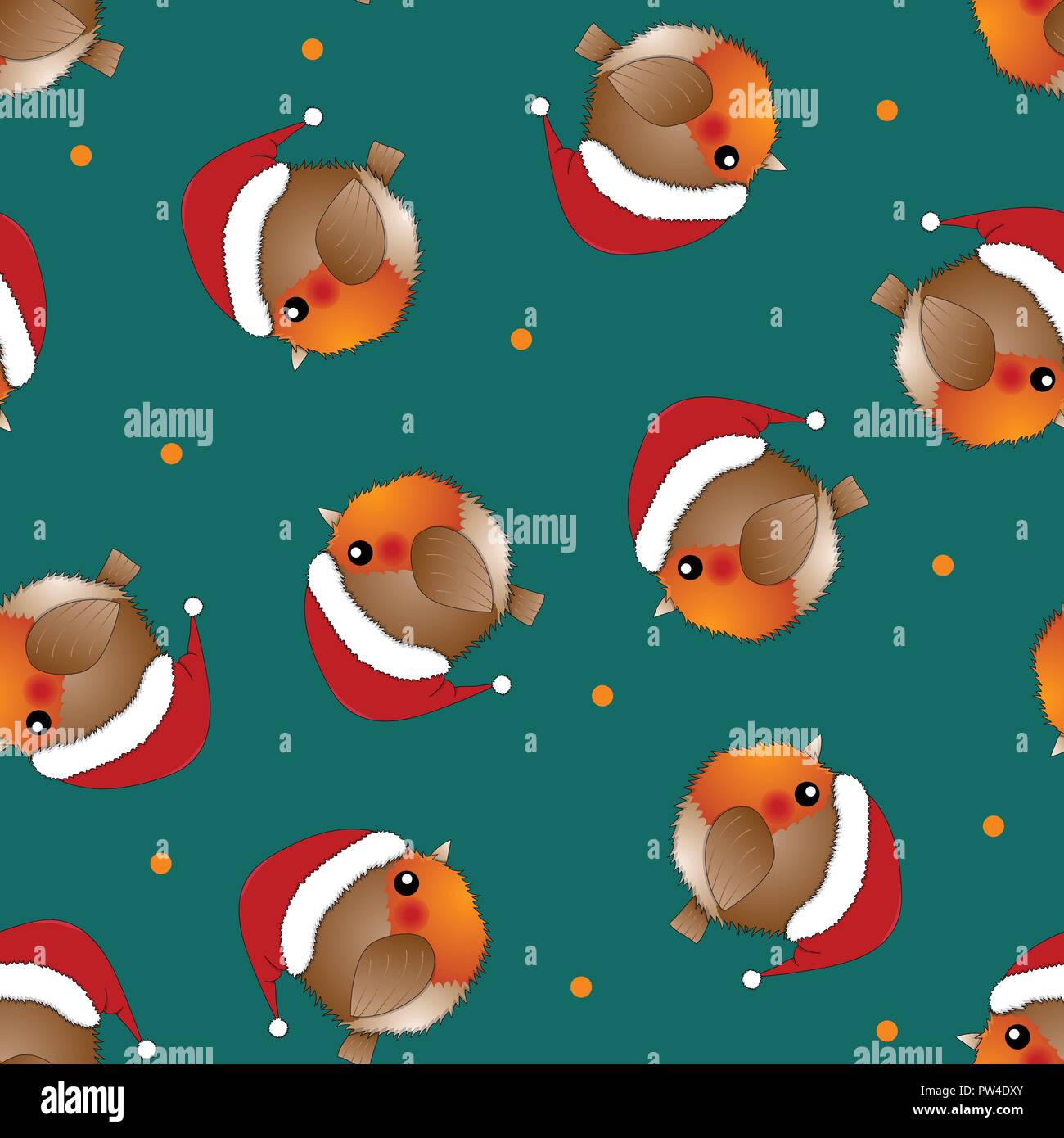 Red Robin Bird Santa Claus su sfondo verde. Illustrazione Vettoriale. Illustrazione Vettoriale