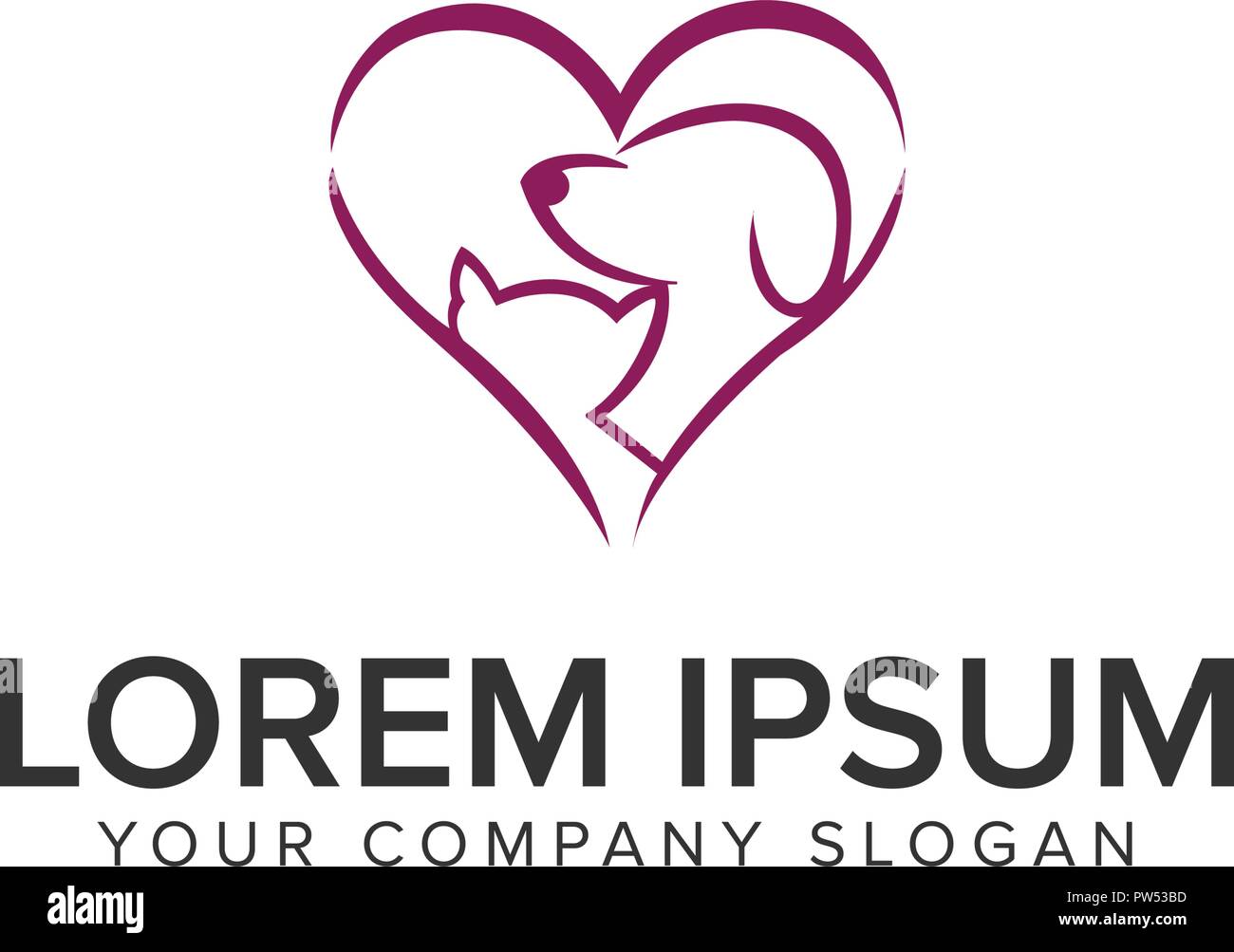 Amore gatto cane logo design modello di concetto Illustrazione Vettoriale