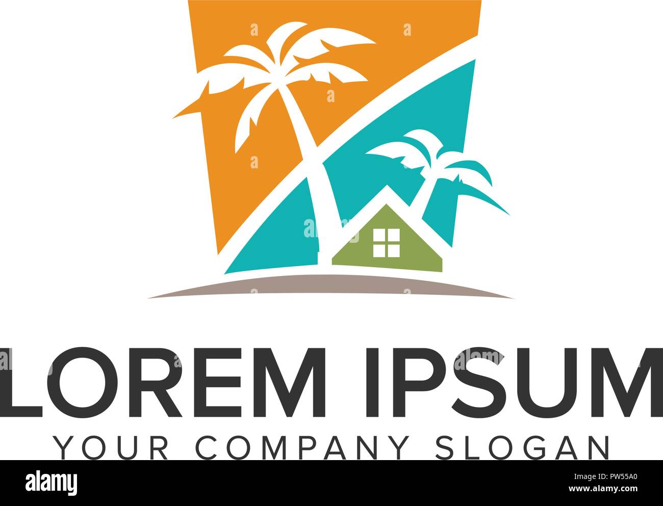 Palm tree house logo design concept modello. Illustrazione Vettoriale