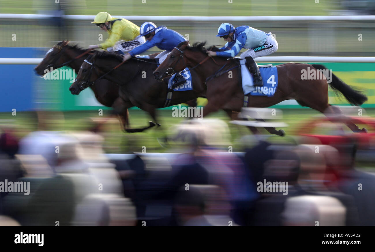 Nearooz cavalcato da David Egan (sinistra) vince il Godolphin sotto gli ordini di antipasti Maiden Fillies' picchetti durante il giorno uno del futuro di Dubai Champions Festival a Newmarket Racecourse. Foto Stock