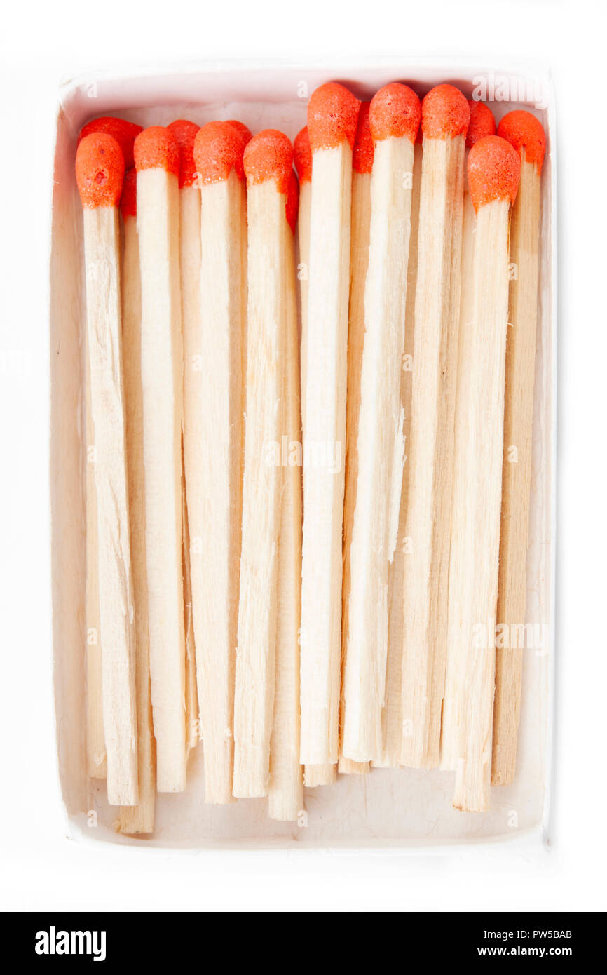 Aprire la scatola di fiammiferi su sfondo bianco Foto Stock