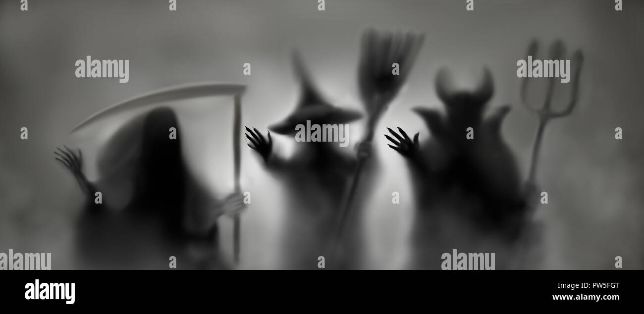 Tre in uno dei caratteri di halloween, Reaper, strega e un demone silhouette e su un sfondo velato. Foto Stock