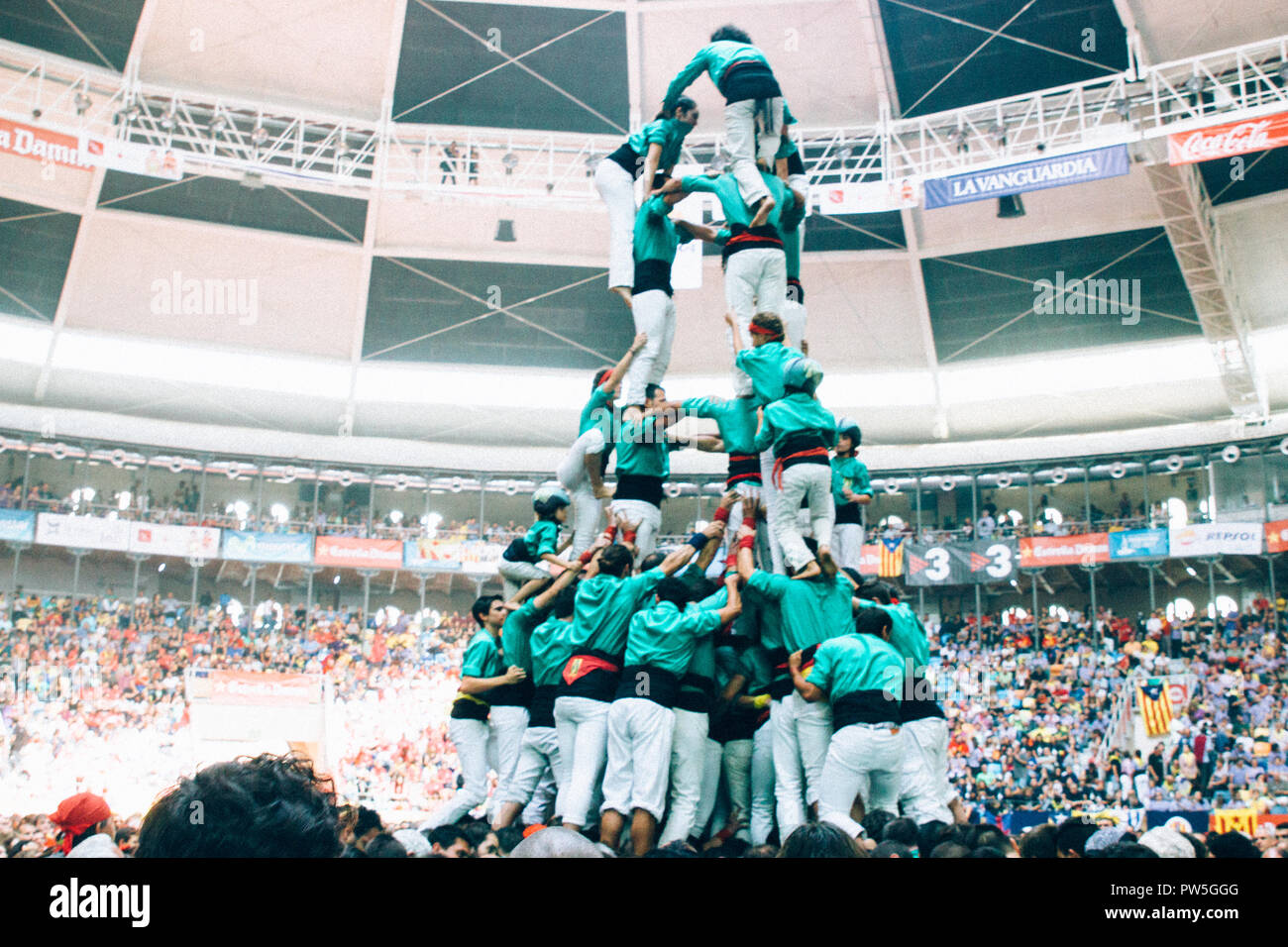 Castellers de Vilafranca, Tradizionale Torre umana, concorda de Castells, Tarragona Catalogna, 2014 Foto Stock