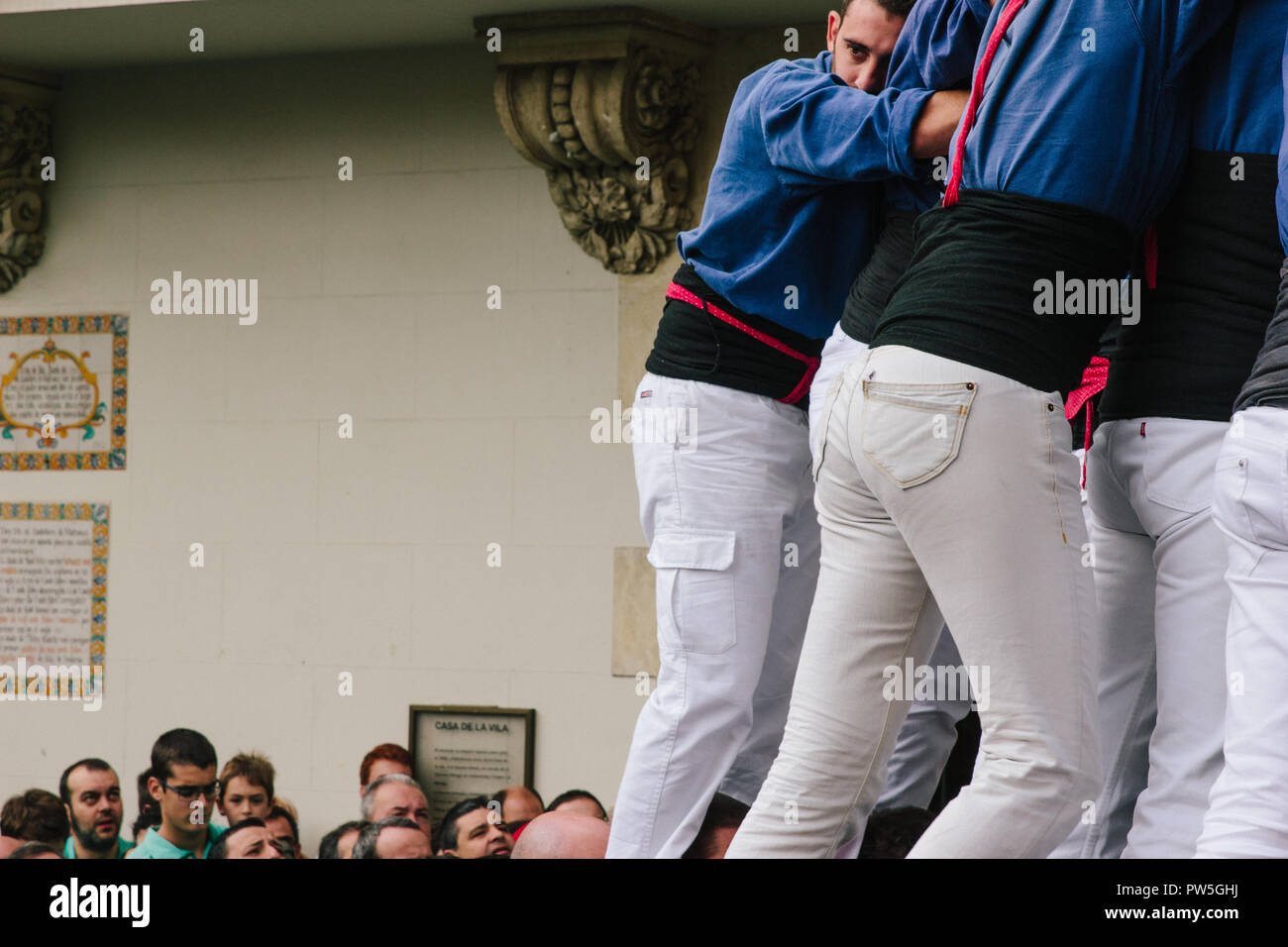Castellers, umano tradizionale, Torre di Vilafranca del Penedès, Catalogna, Spagna, 2014 Foto Stock