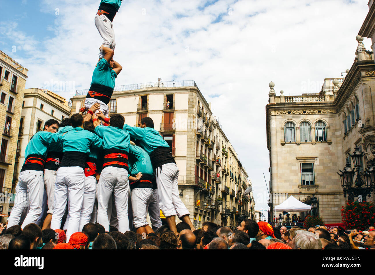 Castellers de Vilafranca, Tradizionale Torre umana, la merce, Barcellona, in Catalogna, Spagna, 2014 Foto Stock