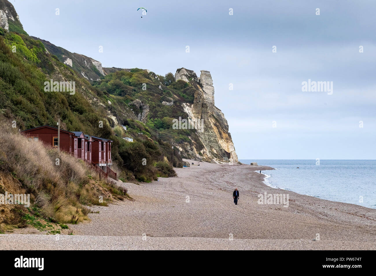 Una vista sulla spiaggia di Branscombe alla scogliera Hooken nel Devon. Foto Stock
