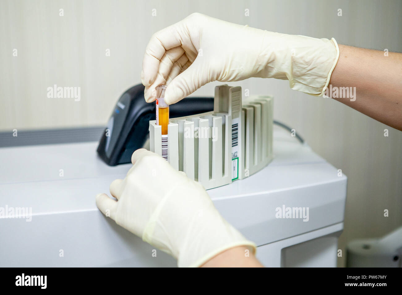 Assistente di laboratorio detiene provetta per analisi, close-up Foto Stock