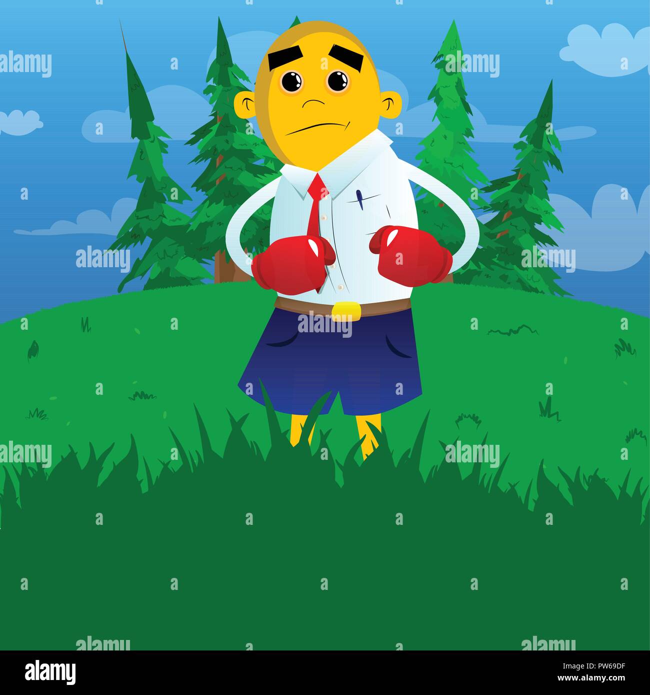 Uomo Giallo tenendo il pugno davanti a lui pronti a combattere indossando guanti da boxe. Vettore illustrazione del fumetto. Illustrazione Vettoriale