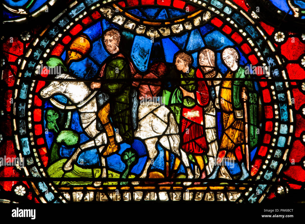 Regno Unito, Kent, Canterbury Canterbury Cathedral interno, Trinità Cappella, pellegrini sulla strada per Canterbury medievale di vetro macchiato Foto Stock