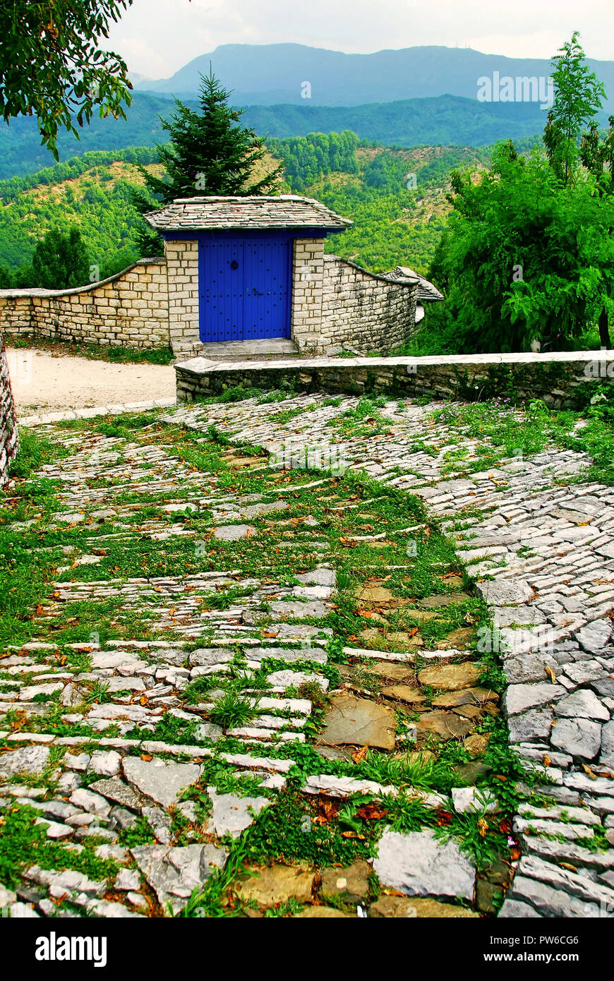 Passerella di pietra nel tradizionale villaggio di vitsa. Zagori centrale, Zagoria area, Epiro, regione nord-occidentale della Grecia. Foto Stock