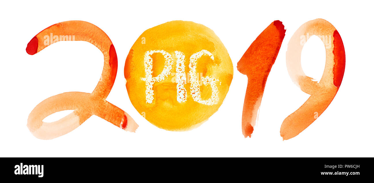 Nuovo 2019 anno del maiale - disegnato a mano scritte ad acquerello Foto Stock