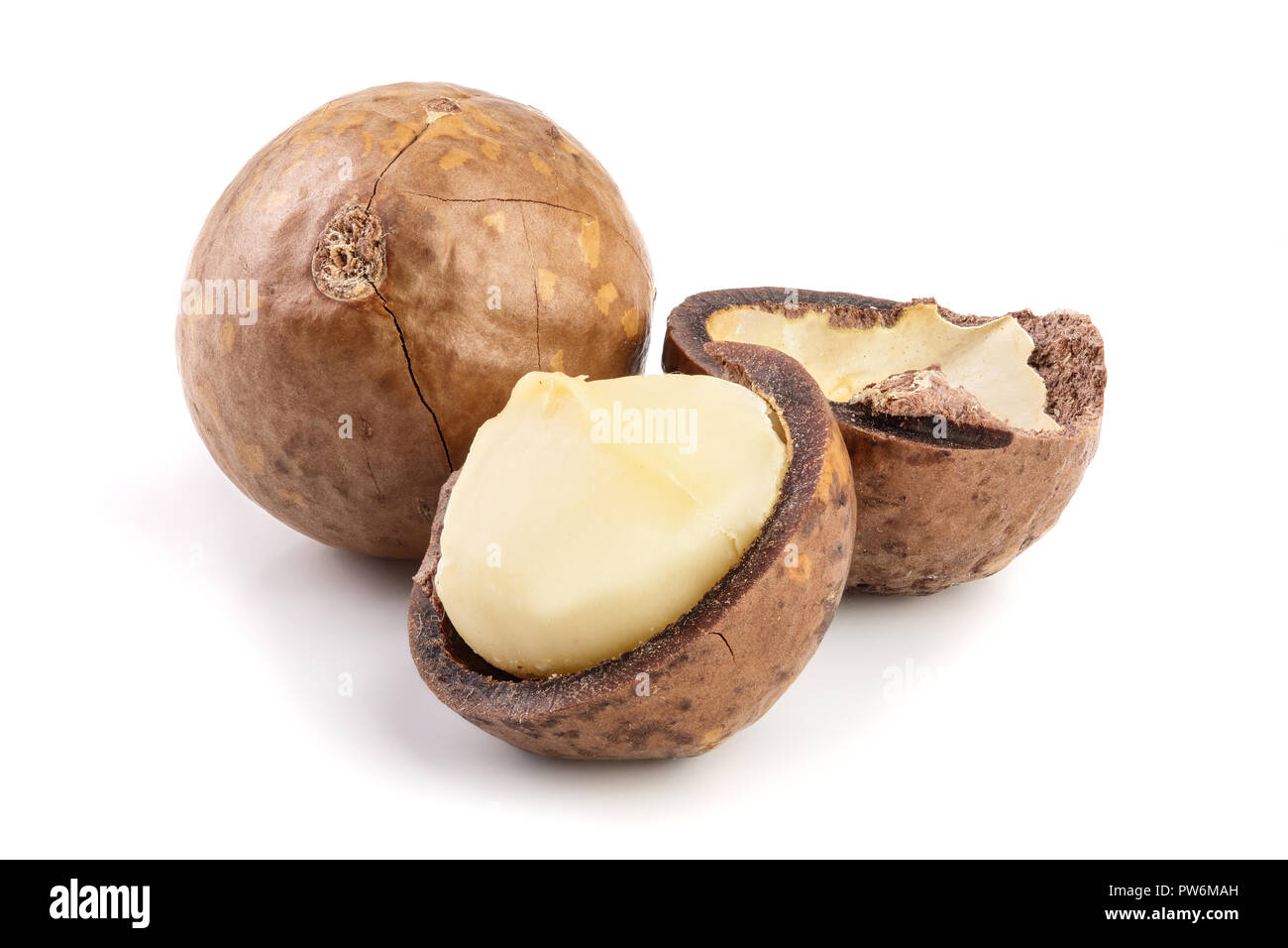 Sgusciate e senza guscio di noci di macadamia isolati su sfondo bianco Foto Stock