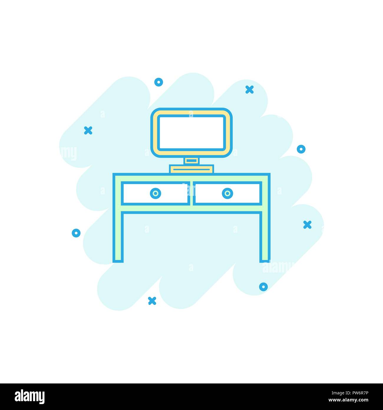 Vector cartoon tabella di mobili con computer portatile icona in stile fumetto. Tabella illustrazione di segno pittogramma. Azienda di mobili effetto splash concept. Illustrazione Vettoriale