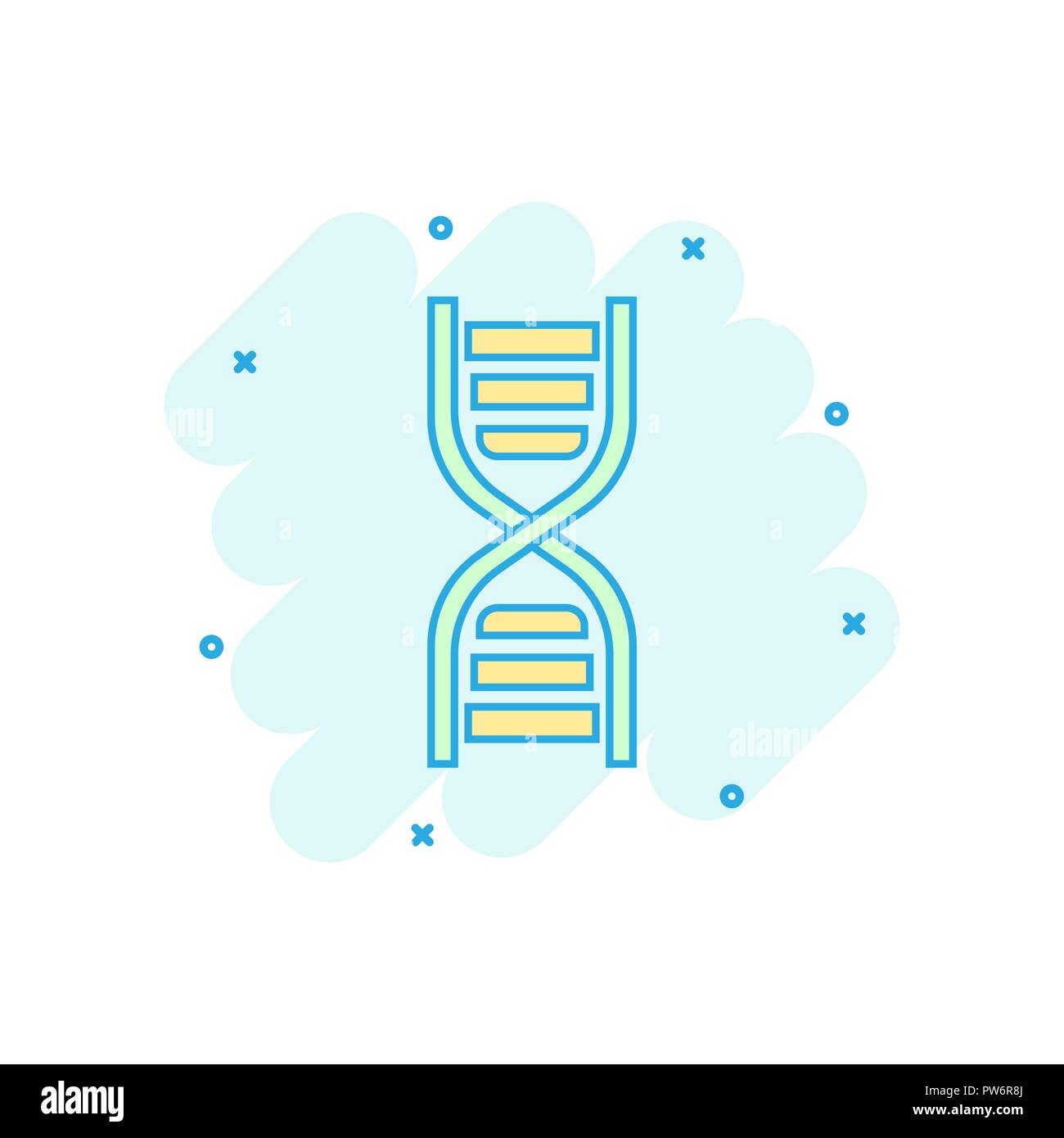 Il vettore di DNA cartoon icona in stile fumetto. Medecine molecola illustrazione di segno pittogramma. Il Dna di business effetto splash concept. Illustrazione Vettoriale