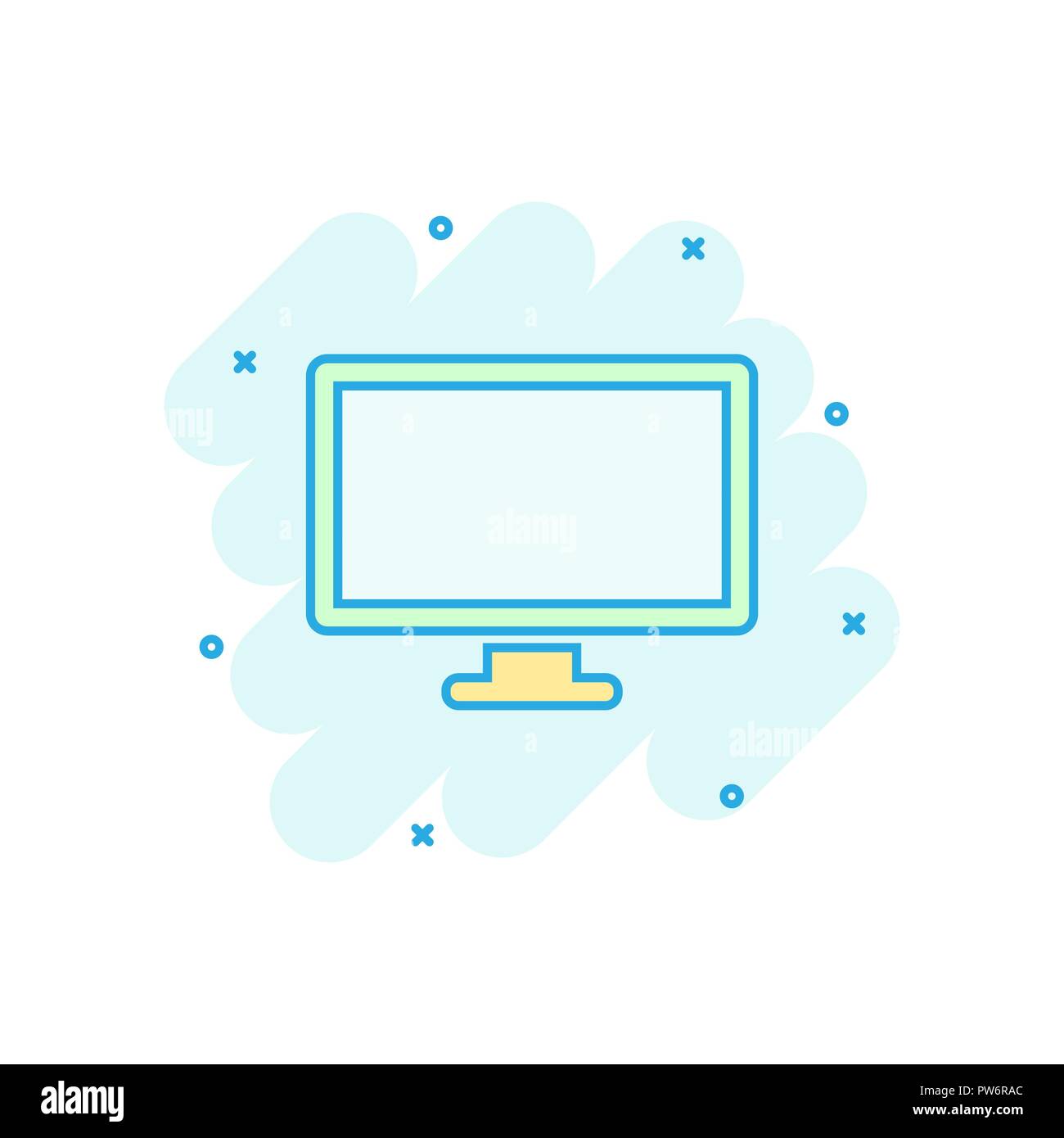 Vector cartoon icona computer in stile fumetto. Monitor immagine di segno pittogramma. Business Tv effetto splash concept. Illustrazione Vettoriale