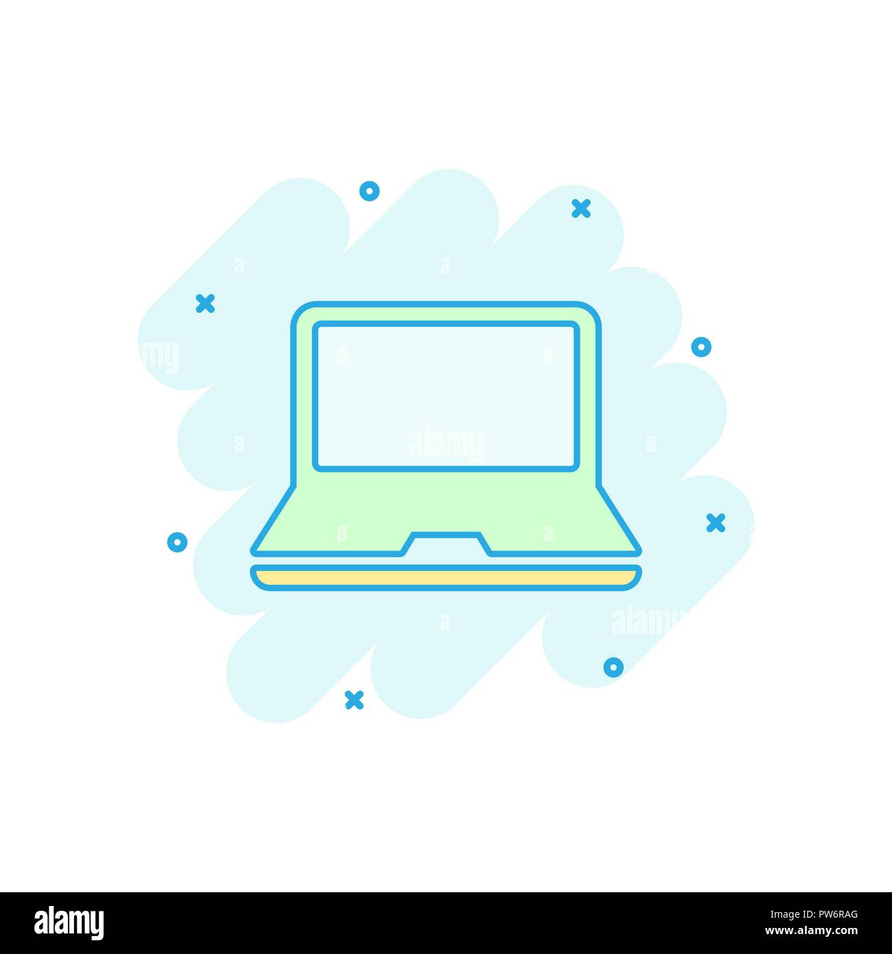 Vector cartoon computer laptop icona in stile fumetto. Notebook illustrazione di segno pittogramma. Pc business effetto splash concept. Illustrazione Vettoriale