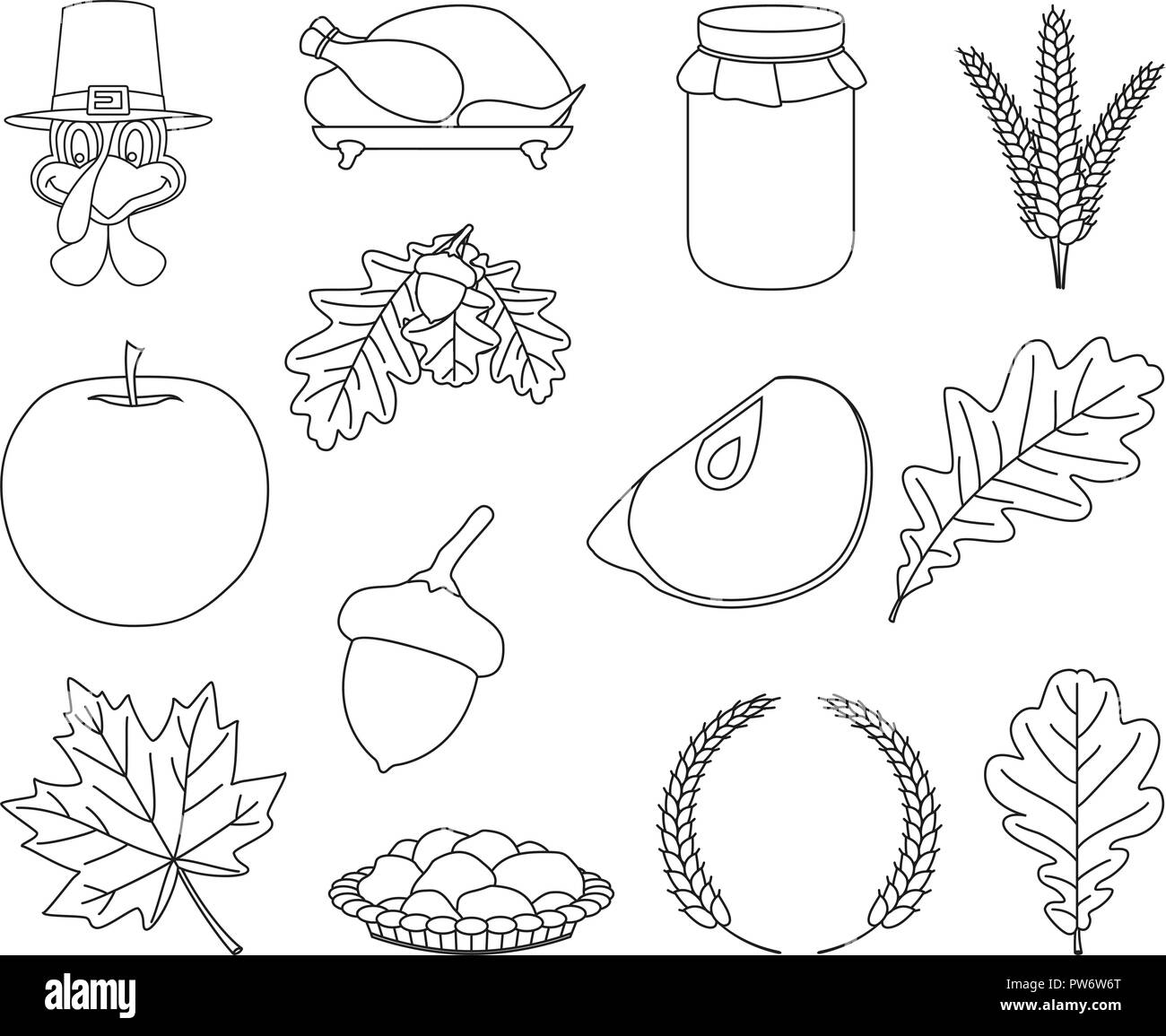 13 line art in bianco e nero gli elementi del ringraziamento Illustrazione Vettoriale