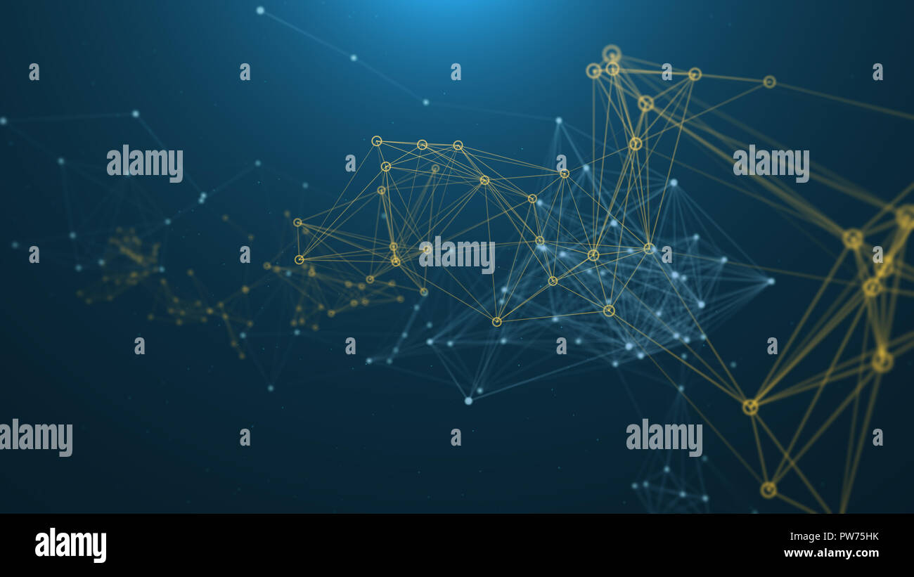 Digital Network astratta fatta di blu e giallo di linee e punti collegati. 3D render Foto Stock