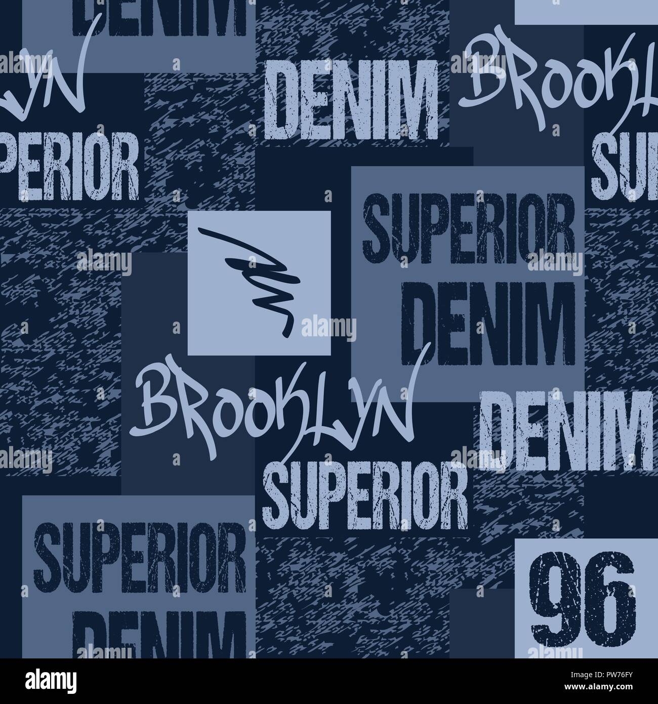 Il denim tipografia, Brooklyn New York Artwork abbigliamento stencil. Jeans moda grafica. Seamless pattern di tessuto per abbigliamento sportivo originale. Illustrazione Vettoriale