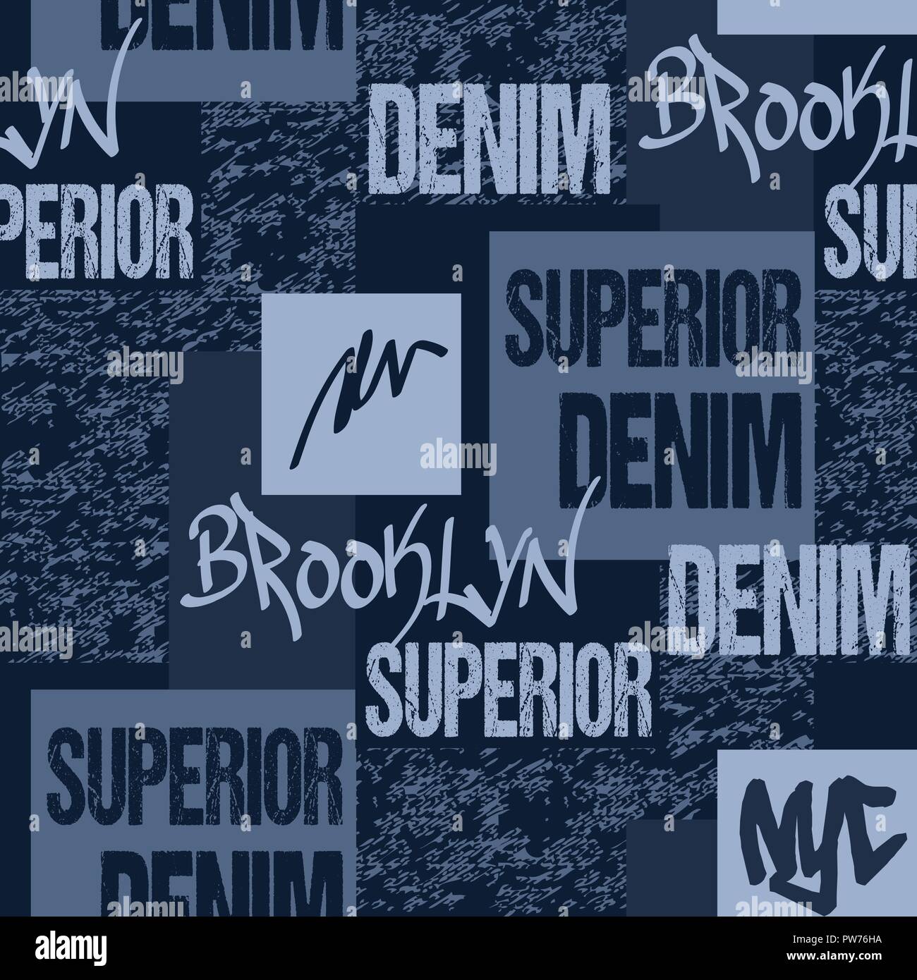 Il denim tipografia, Brooklyn New York Artwork abbigliamento stencil. Jeans moda grafica. Seamless pattern di tessuto per abbigliamento sportivo originale. Illustrazione Vettoriale