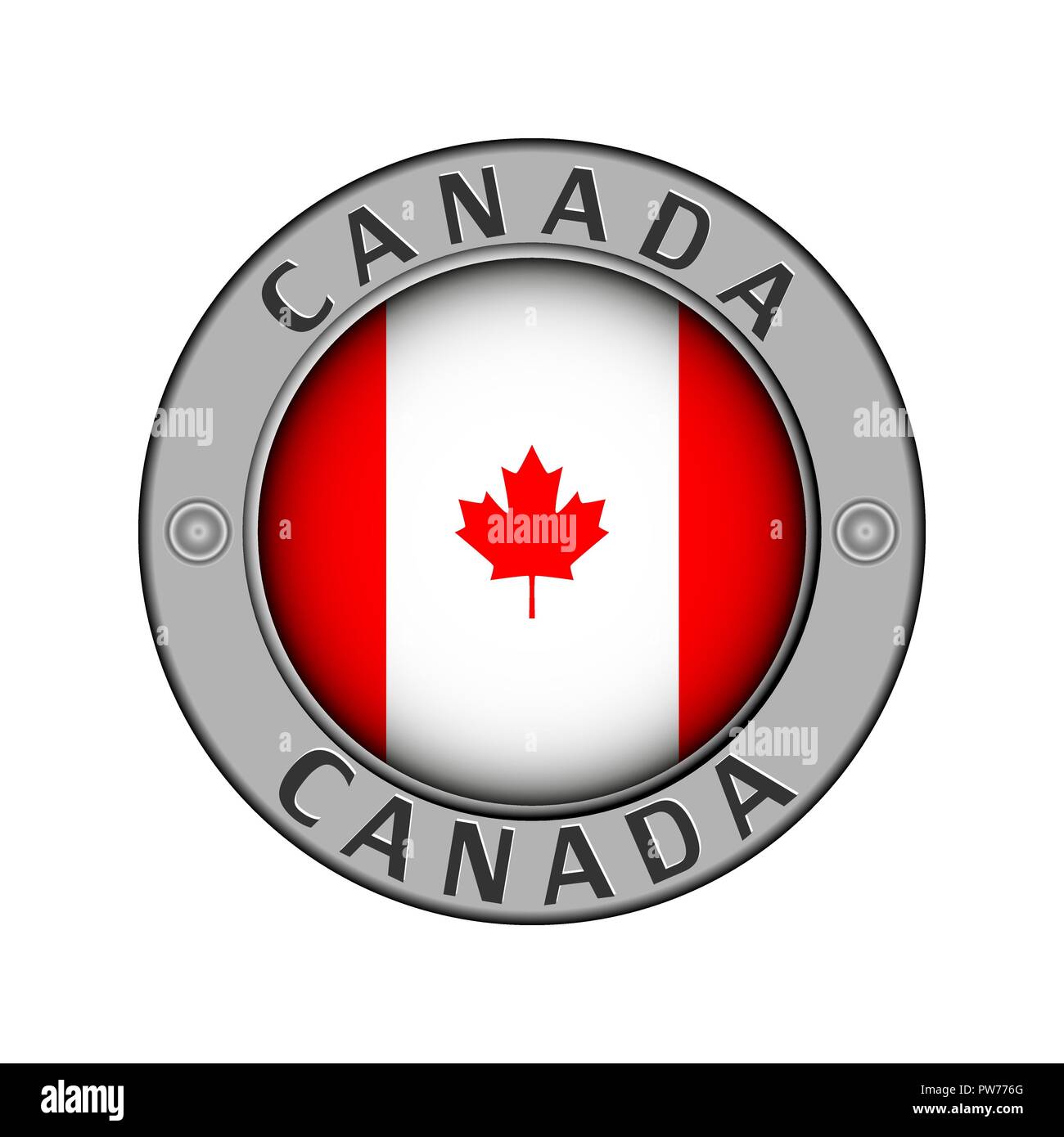 Rotondo di metallo medaglione con il nome del paese Canada e attorno alla bandiera in centro Illustrazione Vettoriale