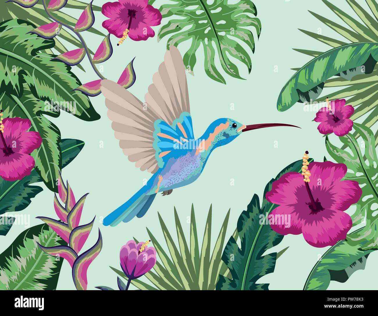 Hummingbird con fiori tropicali e piante sullo sfondo Illustrazione Vettoriale