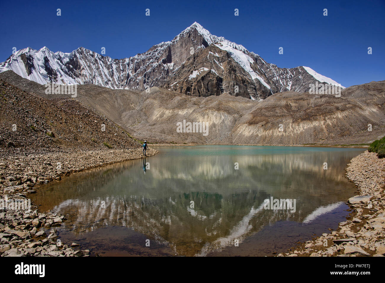 Trekking al bellissimo lago Khafrazdara, Tajik National Park, al Tagikistan Foto Stock