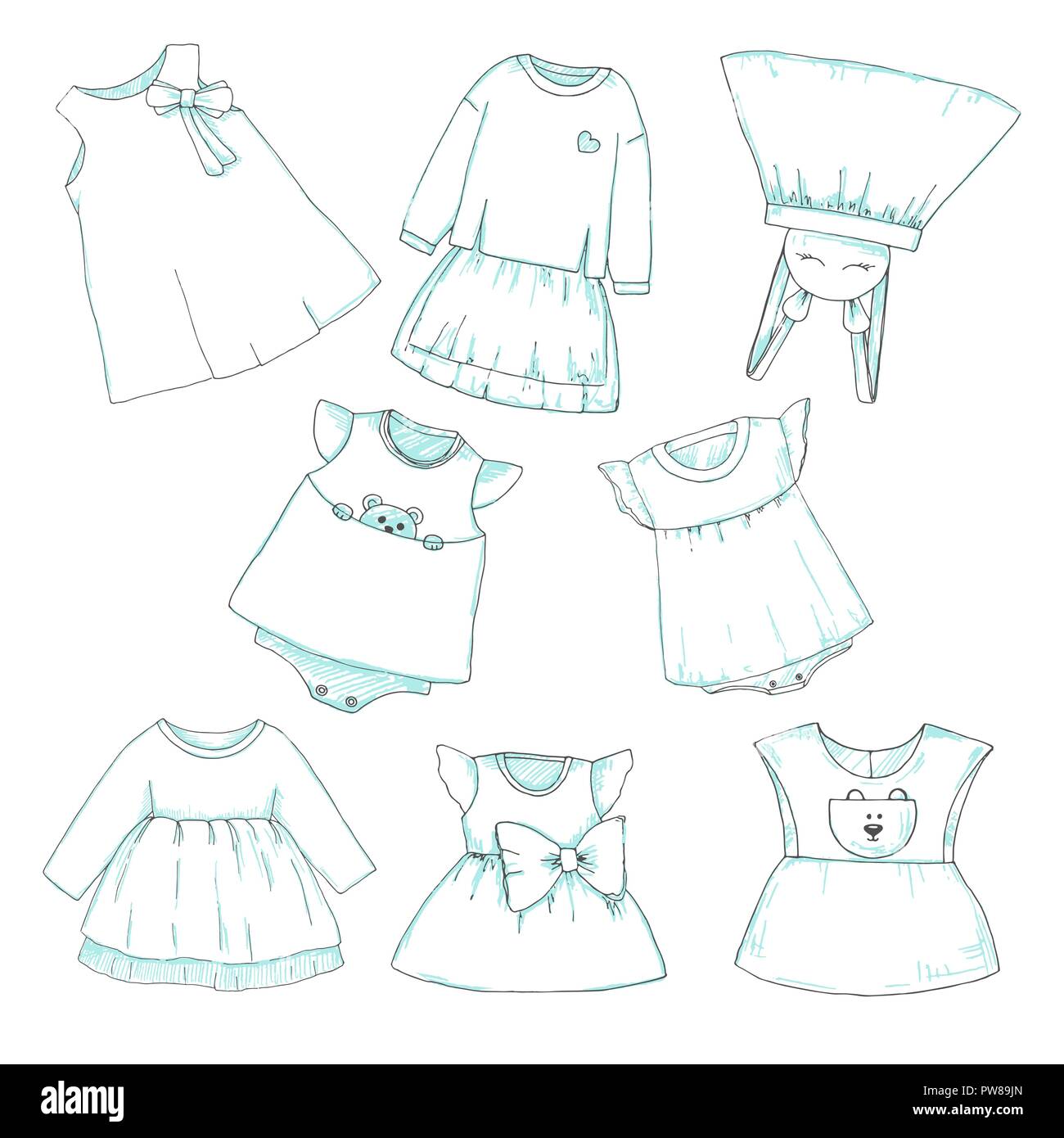 Insieme di diversi abbigliamento per bambini. Può essere utilizzato come i vestiti  per le bambole di carta. Illustrazione Vettoriale nel disegno stile  Immagine e Vettoriale - Alamy