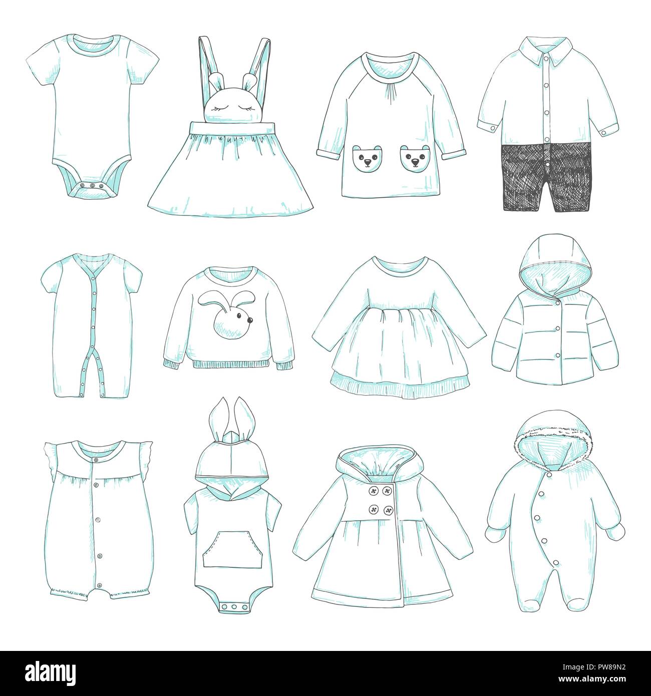 Insieme di diversi abbigliamento per bambini. Può essere utilizzato come i  vestiti per le bambole di carta. Illustrazione Vettoriale nel disegno stile  Immagine e Vettoriale - Alamy