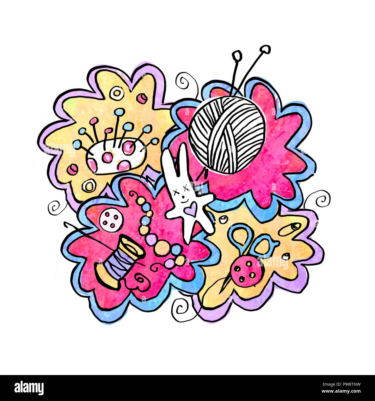Disegnate a mano cartoon collage di cucitura a mano gli utensili e gli accessori - i thread, forbici, pulsanti, cucitura, giocattoli. Funny art. Composizione isolata su una w Foto Stock