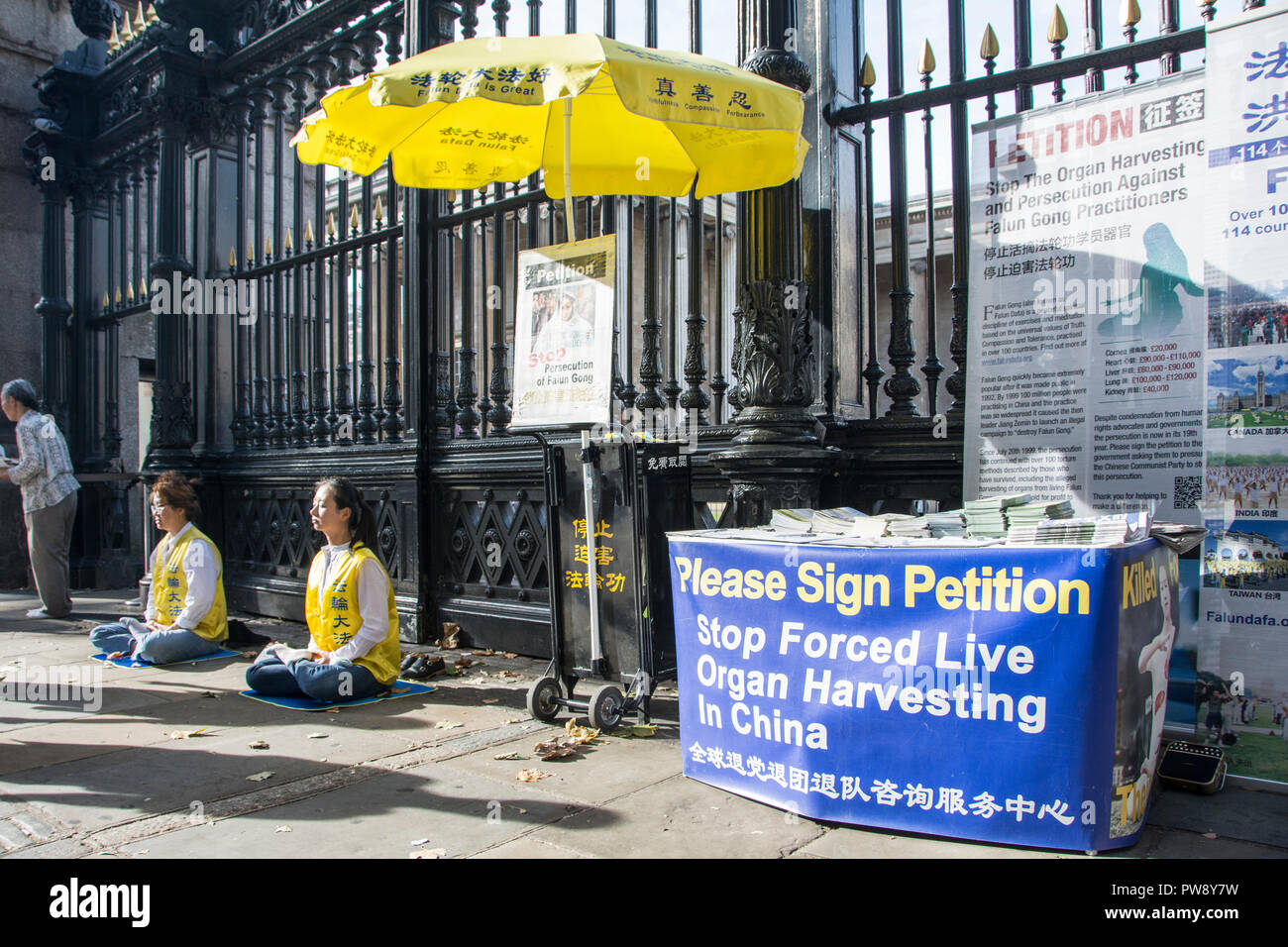 Londra, Inghilterra, Regno Unito. 13 ottobre, 2018. Seguaci di Falun Gong protesta fuori dai cancelli del British Museum di Stop forzato dal vivo la raccolta di organi in Cina © Benjamin John/ Alamy Live News. Foto Stock