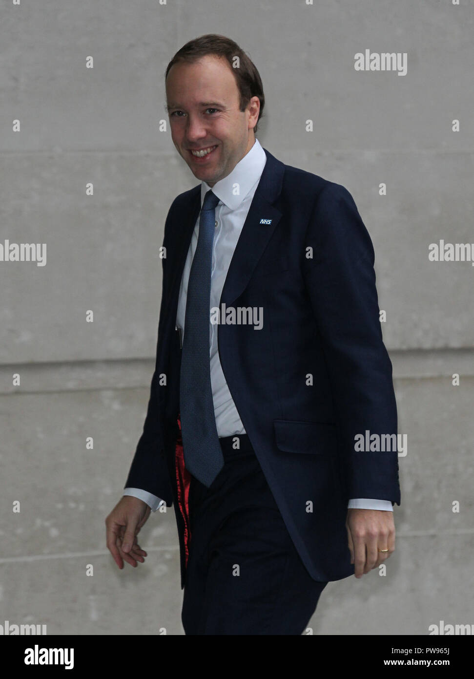 Londra, UK, 14 OTT 2018: Matt Hancock il Segretario di Stato per la salute e la cura sociale visto arrivare per la BBC Andrew Marr show alla BBC Studios di Londra. Credito: WFPA/Alamy Live News Foto Stock