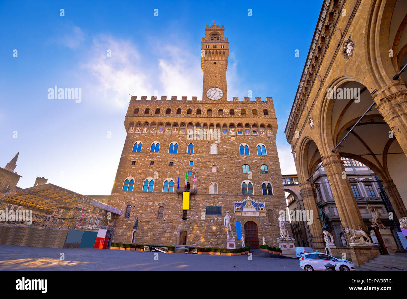 Piazza della Signoria a Firenze Piazza e Palazzo Vecchio vista, Regione Toscana Italia Foto Stock