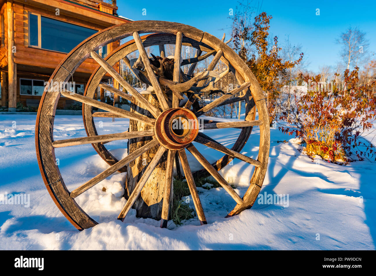 Ruote di carri, inverno, 83 Mile House, Regione Cariboo, British Columbia, Canada Foto Stock