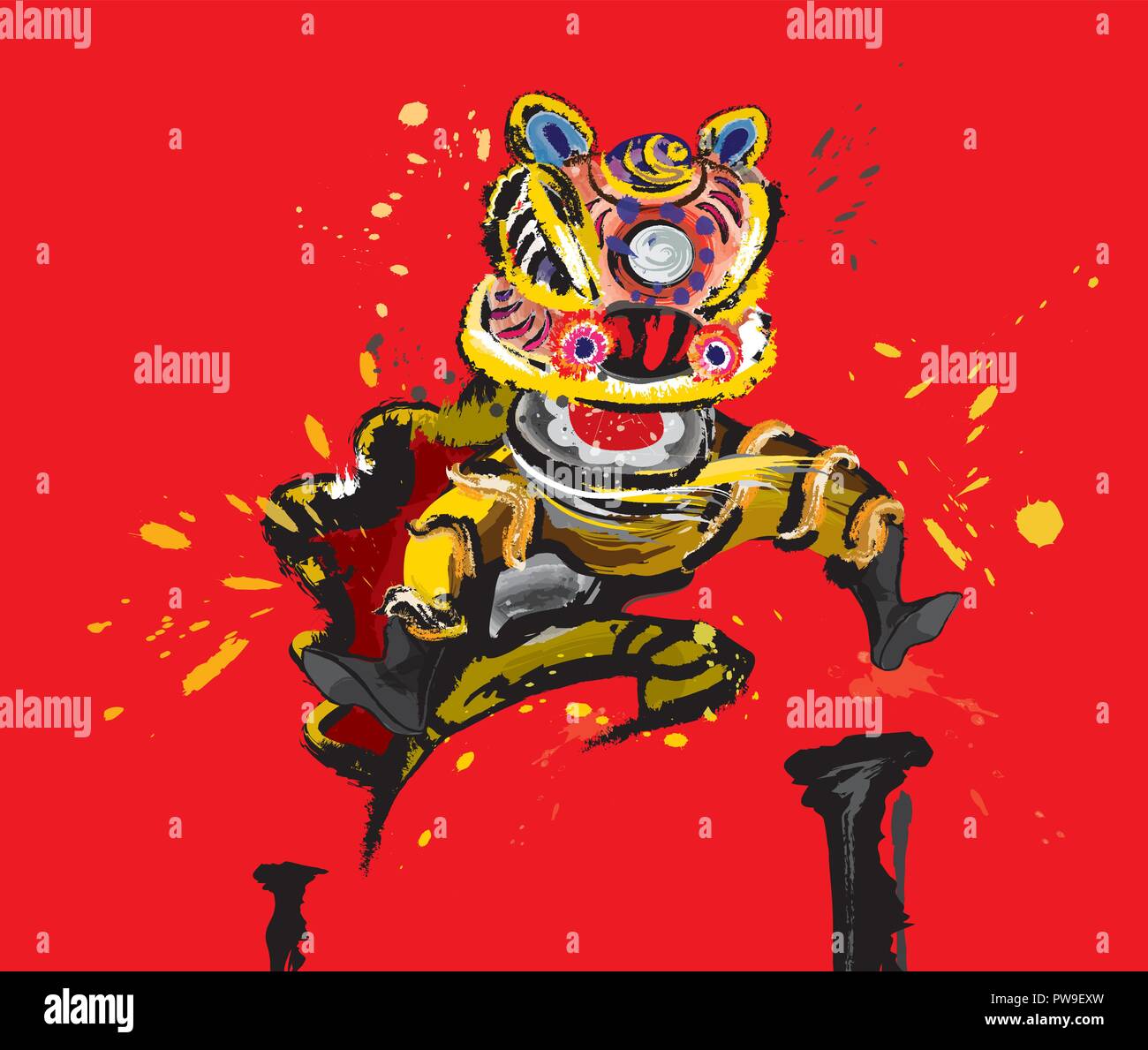 Un salto di lion cinese in vari colori e presentato in schizzi inchiostro stile di disegno. Illustrazione Vettoriale