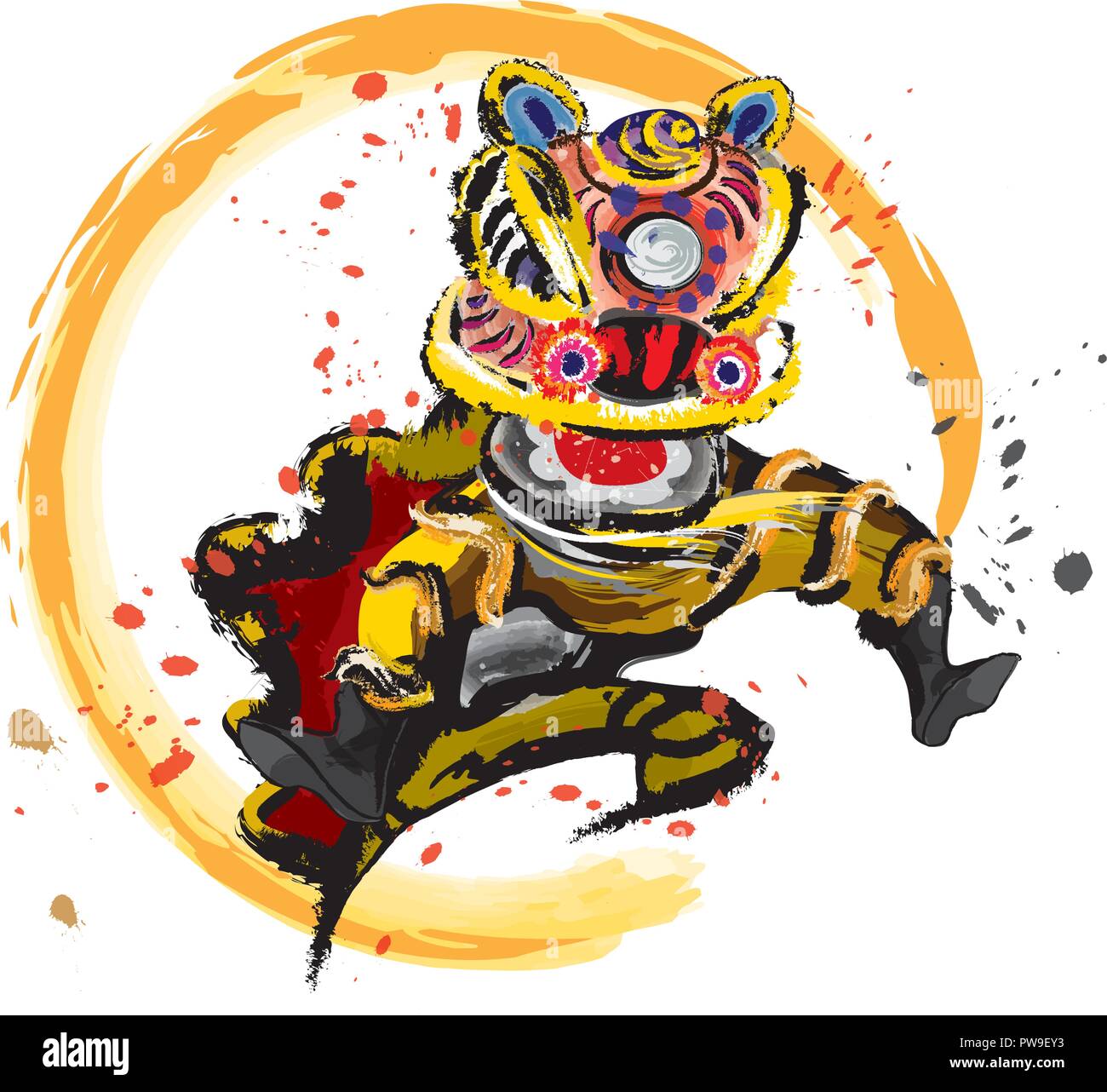 Un salto di lion cinese in vari colori e presentato in schizzi inchiostro stile di disegno. Illustrazione Vettoriale