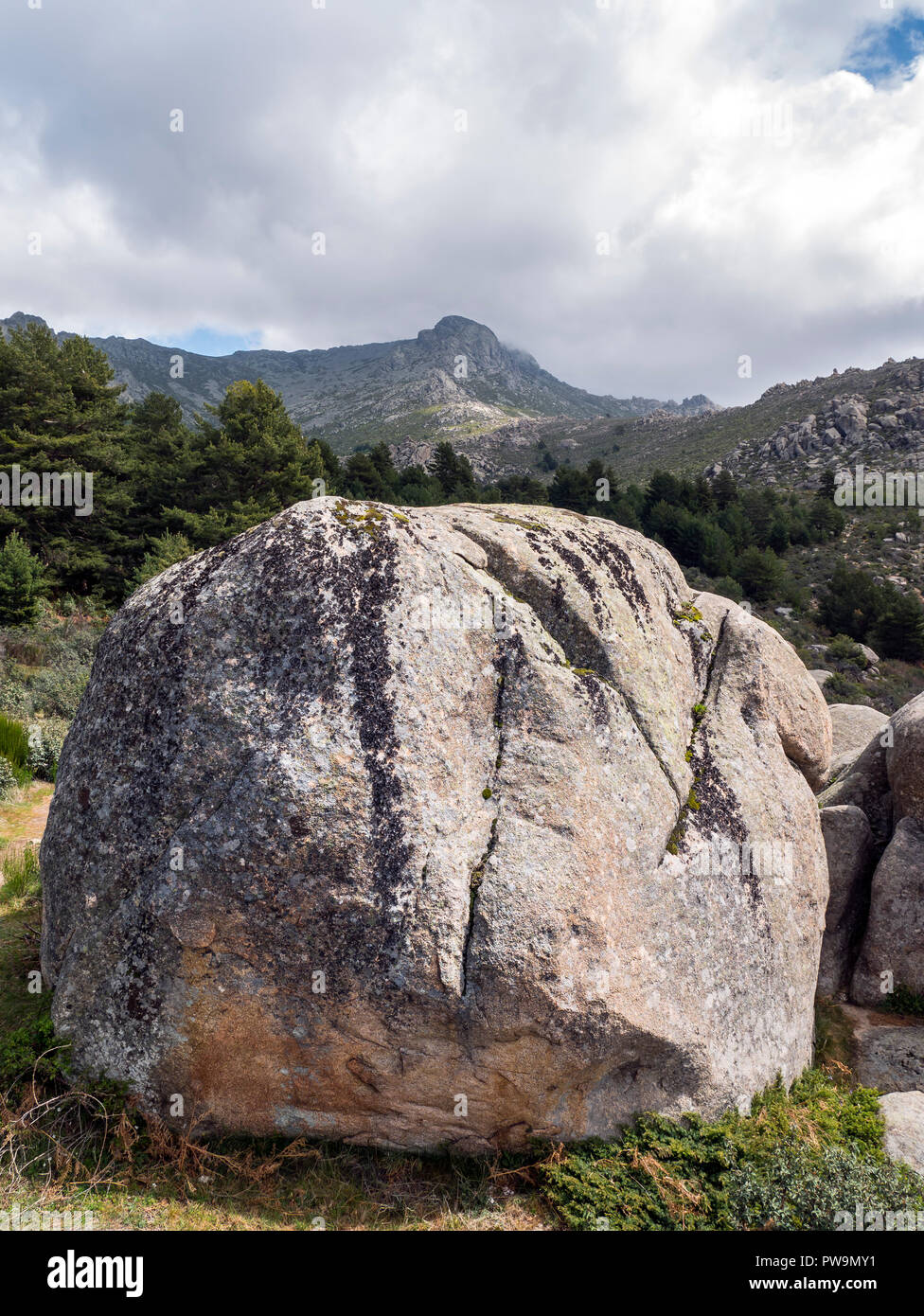 Formaciones graníticas. Valle de la Barranca en la Sierra de Guadarrama y dentro del 'Parque regional de la Cuenca Alta del Manzanares' (Reserva de la Foto Stock