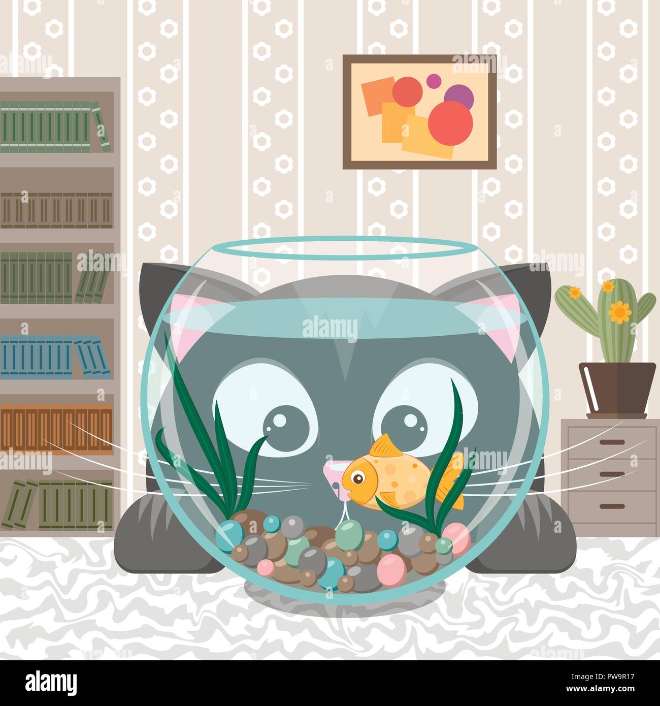 Gatto nero sta guardando il pesce in un acquario Illustrazione Vettoriale