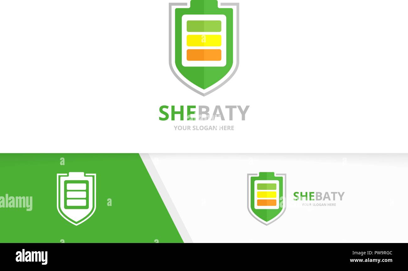 Batteria del vettore e la protezione di combinazione di logo. Energia e sicurezza di simbolo o icona. Accumulatore unico e logotipo di guardia modello di disegno. Illustrazione Vettoriale