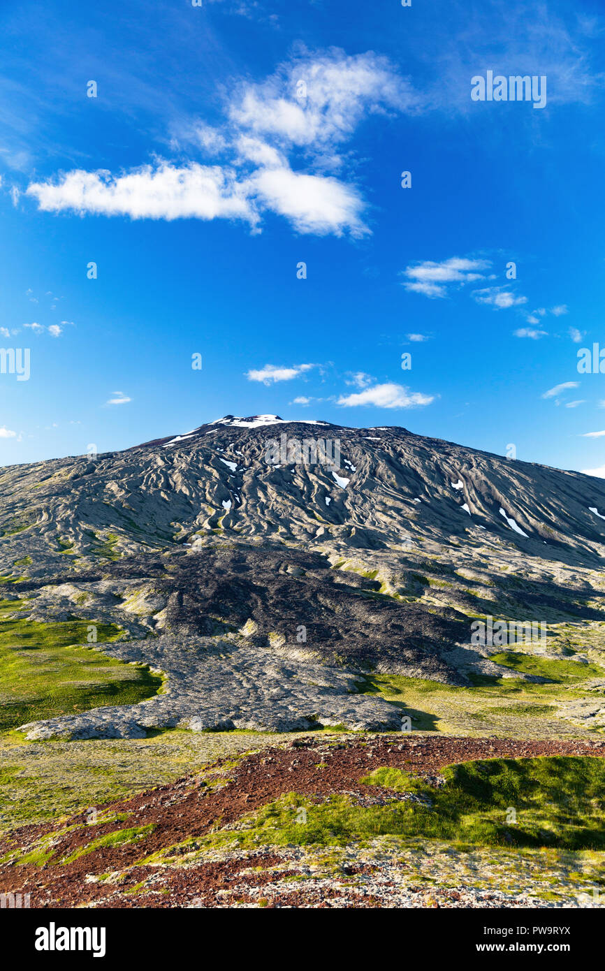 Uno stratovulcano Snaefellsjökull, Snaefellsnes National Park, Snaefellsnes Peninsula, Islanda Foto Stock