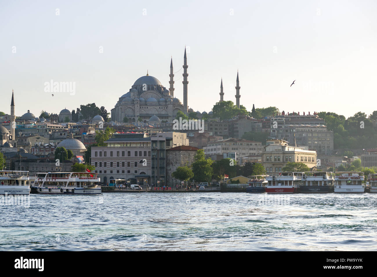 Ferries ormeggiata al porto di Eminonu con la moschea di Suleymaniye in background nel tardo pomeriggio di luce, Istanbul, Turchia Foto Stock