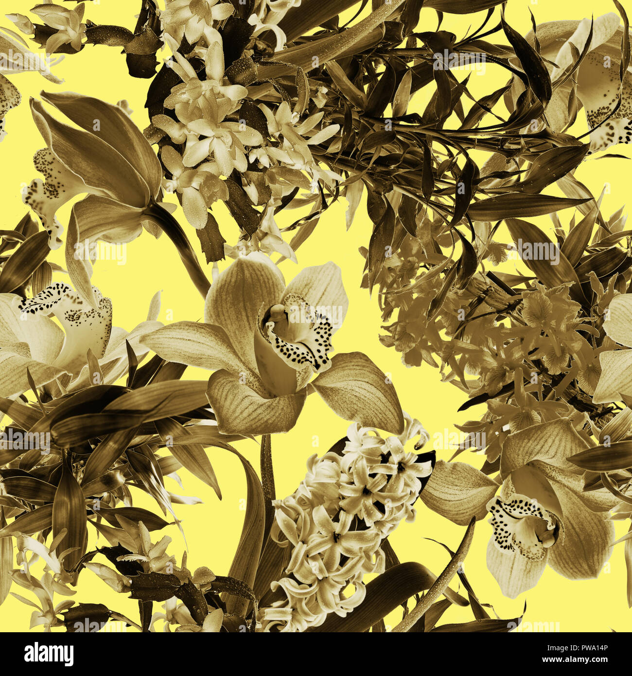 Fiore tropicale pattern su sfondo giallo Foto Stock