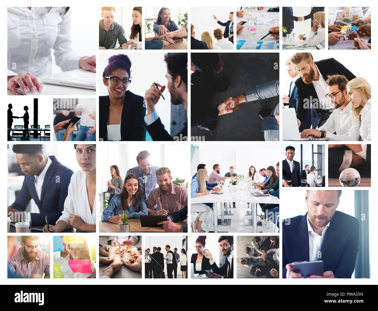 Collage di business con scena di persona d'affari al lavoro Foto Stock