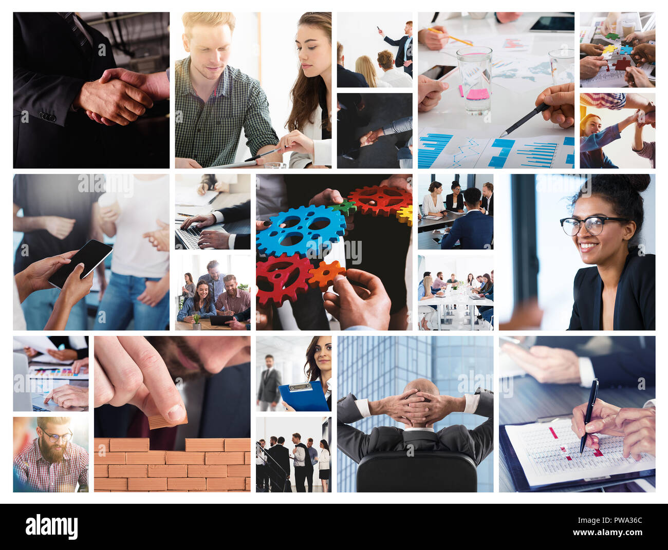 Collage di business con scena di persona d'affari al lavoro Foto Stock
