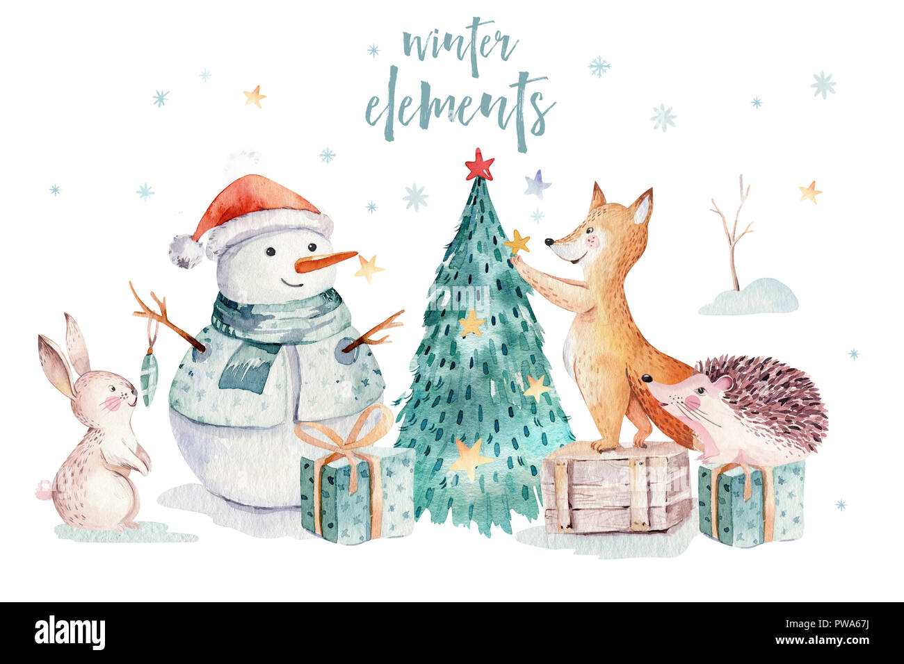 Acquerello Merry Christmas illustrazione con pupazzo di neve, albero di natale , vacanze simpatici animali la volpe, il coniglio e il riccio . Celebrazione della Messa di Natale le carte. Wi Foto Stock