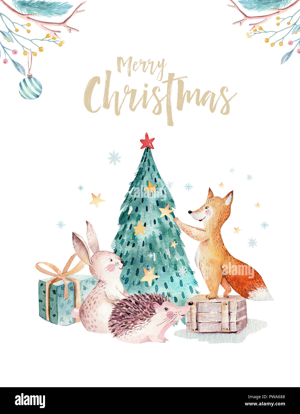 Acquerello Merry Christmas illustrazione con pupazzo di neve, albero di natale , vacanze simpatici animali la volpe, il coniglio e il riccio . Celebrazione della Messa di Natale le carte. Wi Foto Stock